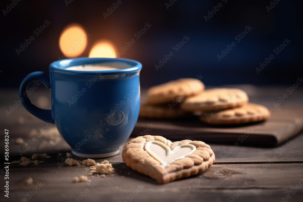 Café crème gourmand avec biscuit, cœur dessiné dans la crème du café, tasse bleu émaillée sur table en bois Café crème gourmand avec biscuit, cœur dessiné dans la crème du café, tasse bleu émaillée sur table en bois