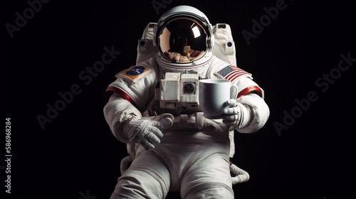 Astronaut drinking coffee in space. Generative AI.