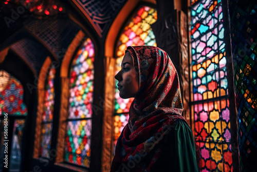 Muslim women praying in the mosquec, generative ai © jambulart
