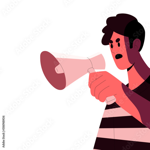 Angry speaker shouting, speaking with megaphone. Activists speech with loudspeaker in hand. Discontent character, protester holding bullhorn. Flat vector illustration isolated on white background