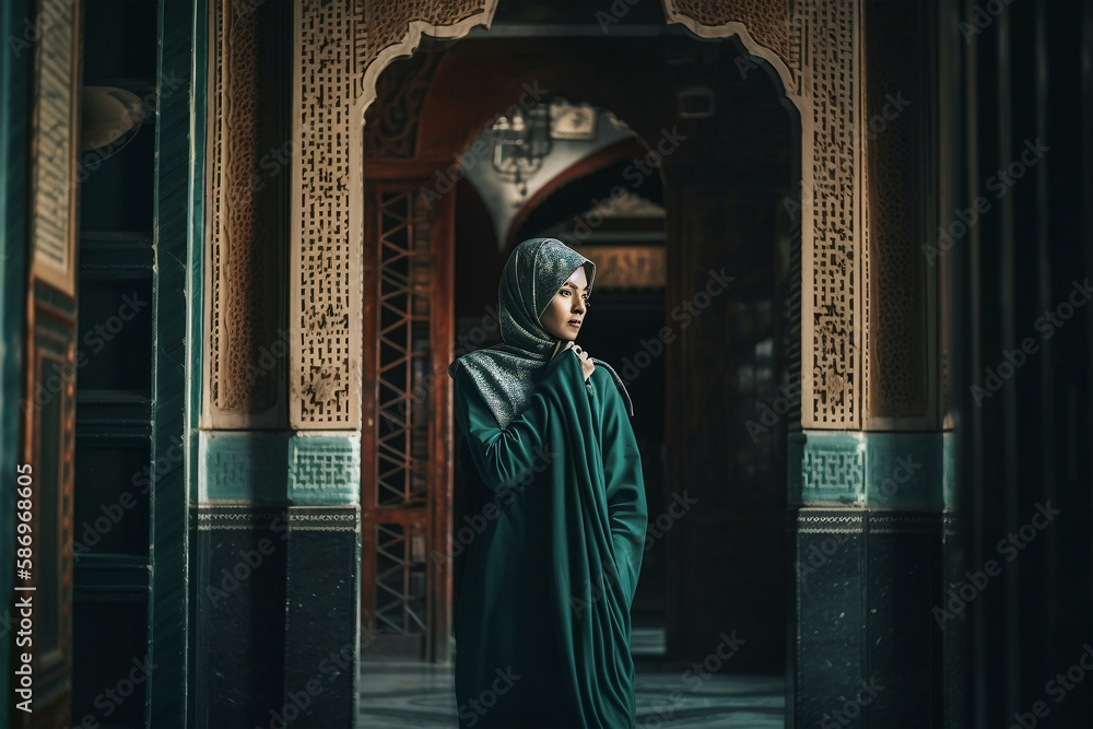muslim young girl praying on a mosque, generative ai