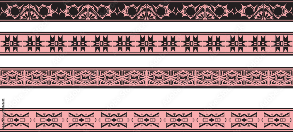 Vector set of pink and black Native American ornamental seamless borders. Framework of the peoples of America, Aztecs, Maya, Incas.. Vector set of pink and black Native American ornamental seamless borders. Framework of the peoples of America, Aztecs, Maya, Incas..