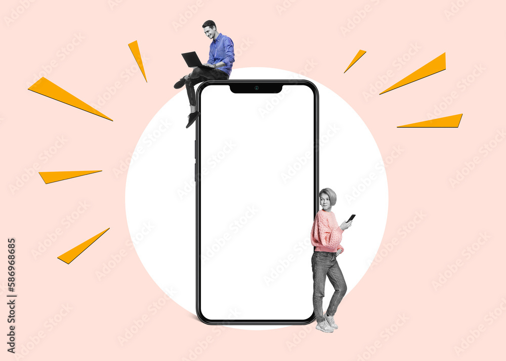 Art collage. Full body side view young woman lean on blank screen mobile cell and a young man sitting on the spartphone. Isolated Free PNG Background. Teamwork concept Art collage. Full body side view young woman lean on blank screen mobile cell and a young man sitting on the spartphone. Isolated Free PNG Background. Teamwork concept