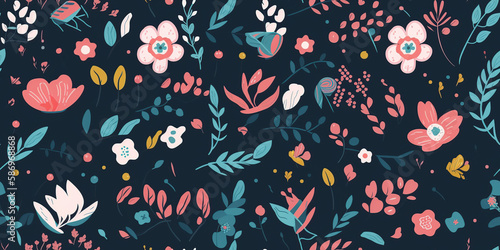 Full Frame Shot Of Vintage Beautiful Wallpaper With Floral Pattern, Illustration, generative AI.