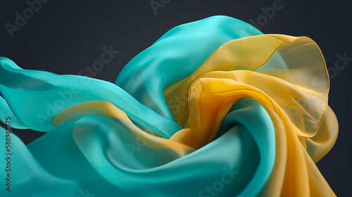 Abstract background of a semitransparent silk fabric of cyan and yellow color. Generative AI