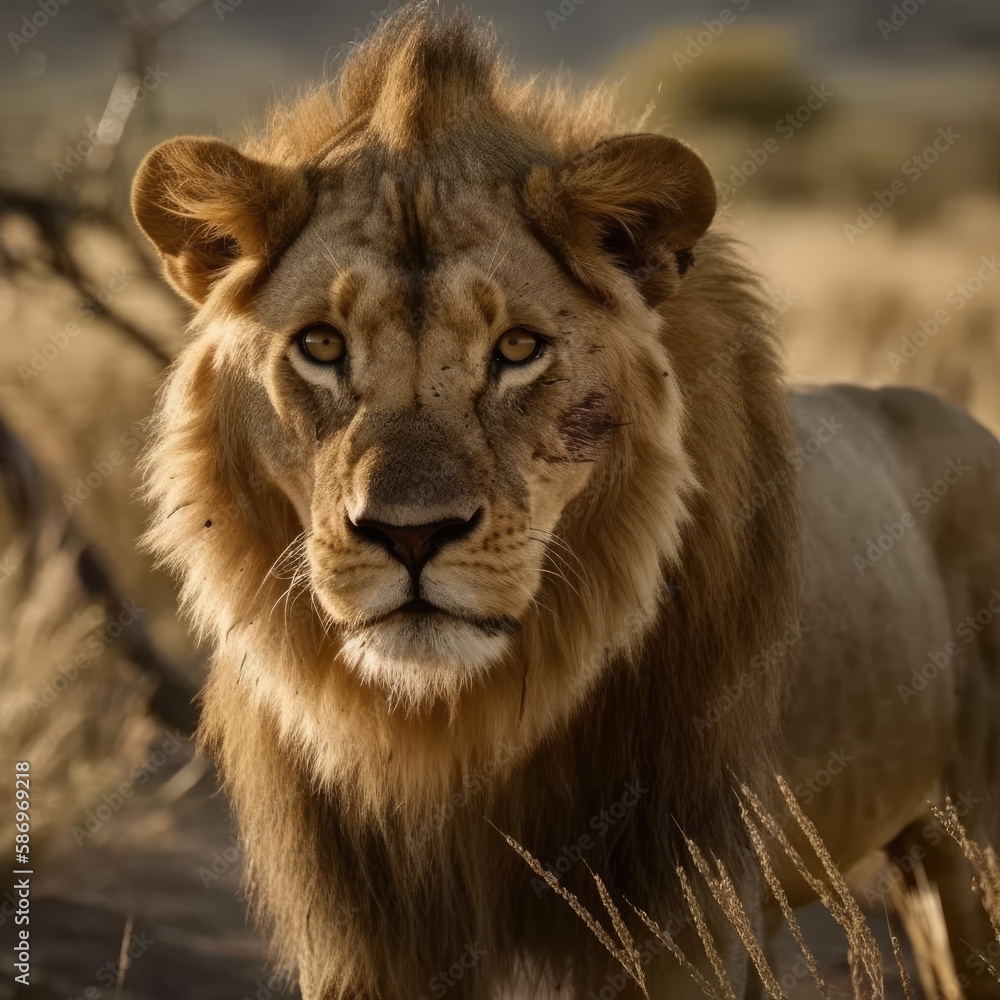 A big lion in the African savanna. Landscape with characteristic trees on the plain and hills in the background.
