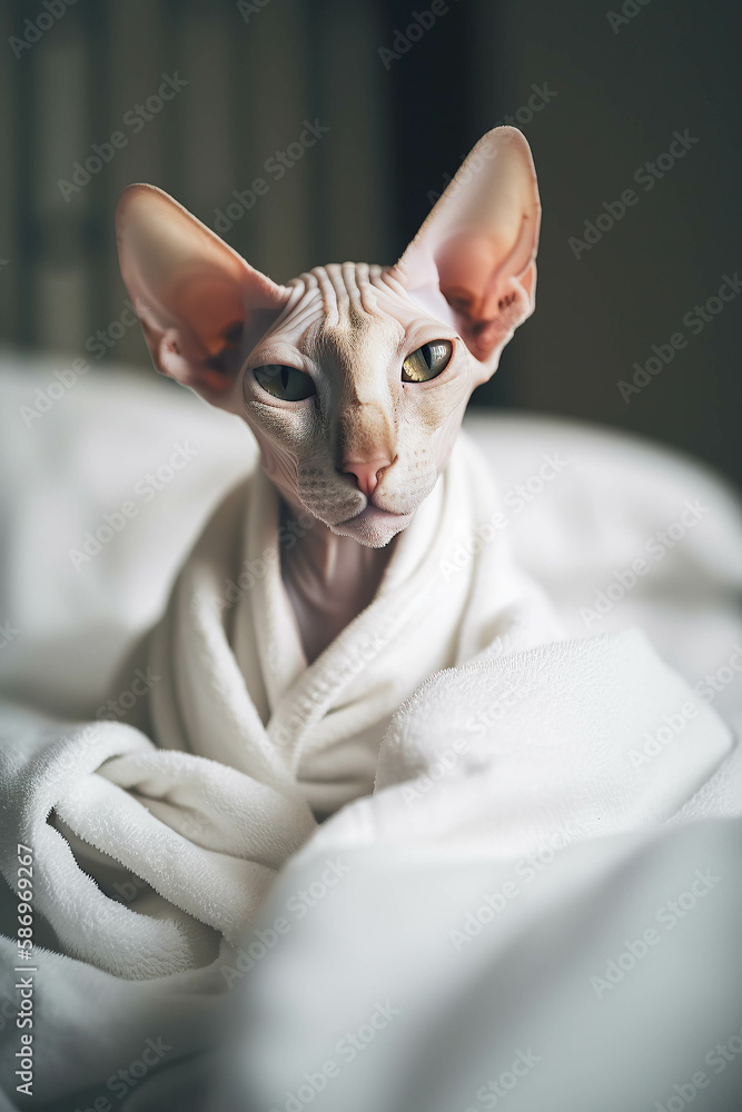 Sphynx cat portrait in bath robe on the bed