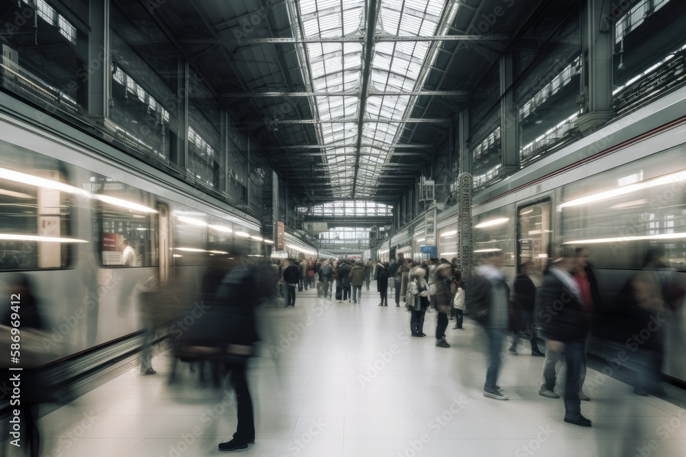 Crowd of all kind of people walking in train station fast moving with blurry trains on the right and blurry glas front on the left - Generative AI Crowd of all kind of people walking in train station fast moving with blurry trains on the right and blurry glas front on the left - Generative AI