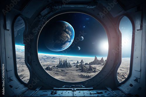 A view of earth and space from window the window of a space shuttle. Generative AI