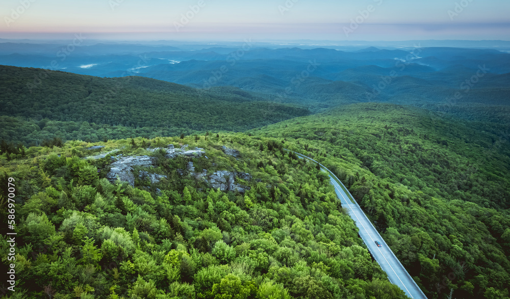 Aerial view of Rough Ridge Lookout on Blue Ridge Parkway, North Carolina