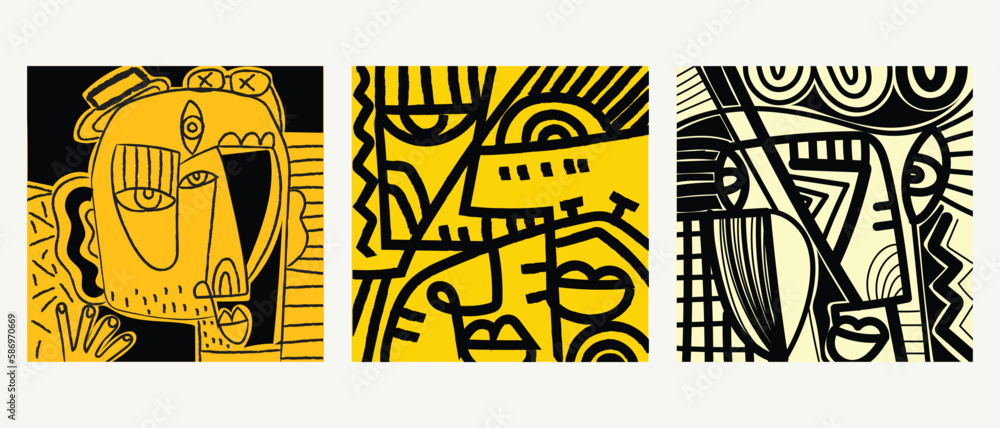 Fototapeta premium Set of abstract face portrait hand drawing, line art, black and white cubism style vector illustration.