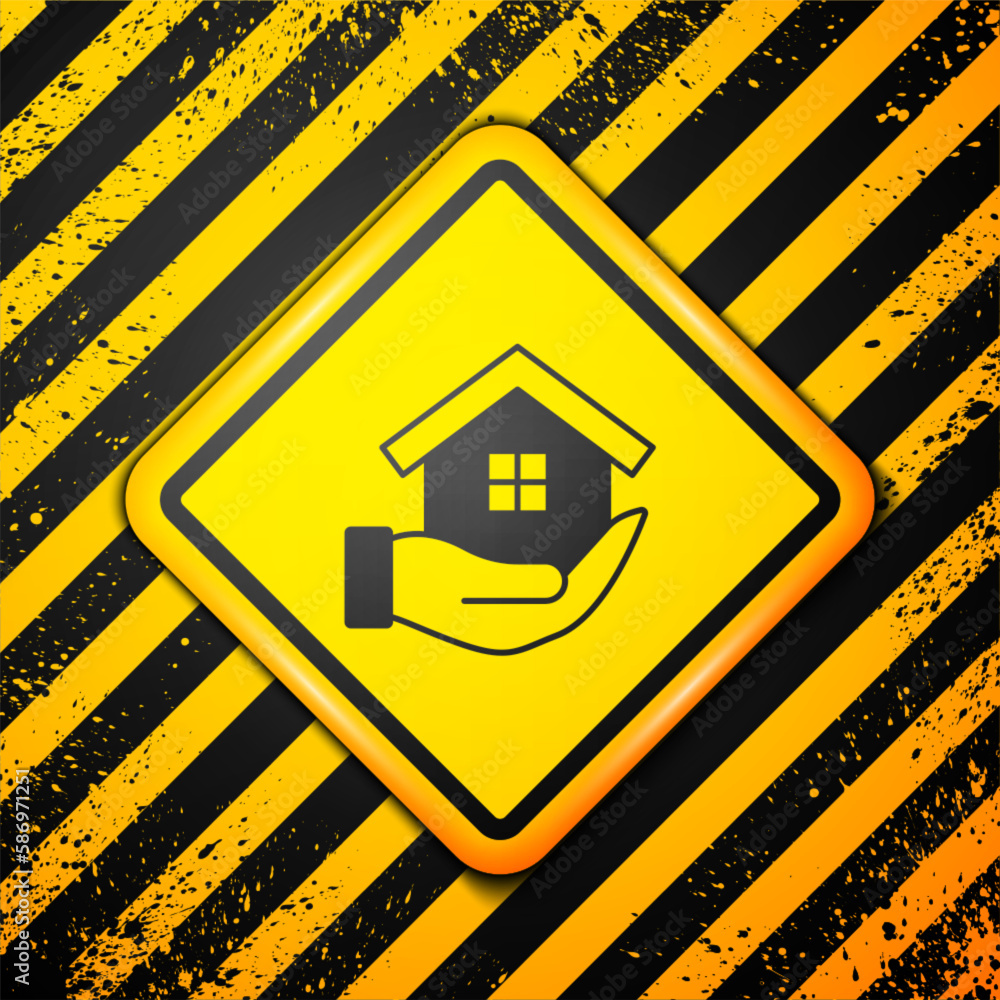 Black House in hand icon isolated on yellow background. Insurance concept. Security, safety, protection, protect concept. Warning sign. Vector Black House in hand icon isolated on yellow background. Insurance concept. Security, safety, protection, protect concept. Warning sign. Vector
