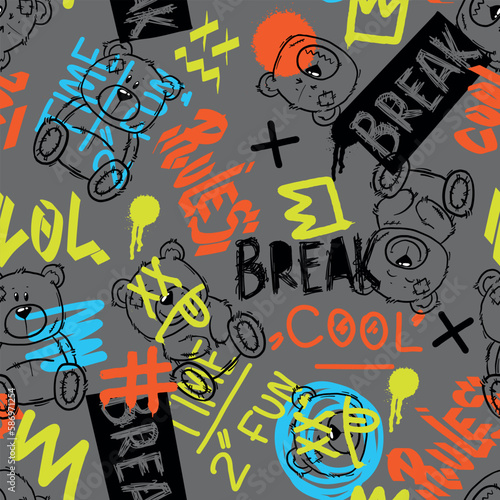 Seamless pattern with bear  graffiti  words  crown and other elements.  Background for textile  fabric  stationery  clothes  accessories and other designs.