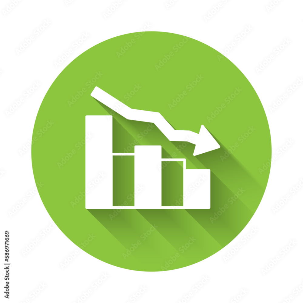 White Financial growth decrease icon isolated with long shadow background. Increasing revenue. Green circle button. Vector White Financial growth decrease icon isolated with long shadow background. Increasing revenue. Green circle button. Vector