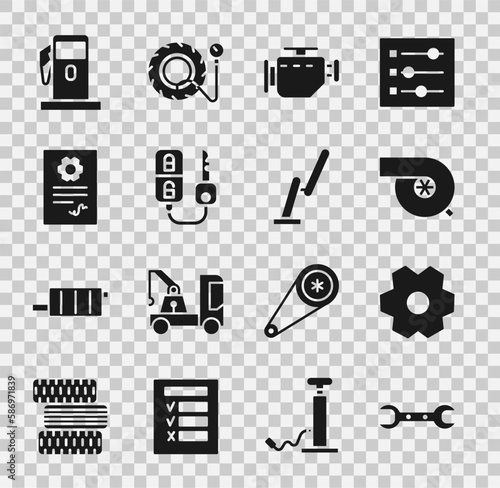 Set Wrench spanner, Gear, Automotive turbocharger, Check engine, Car key with remote, service check automotive, Petrol or Gas station and Windscreen wiper icon. Vector