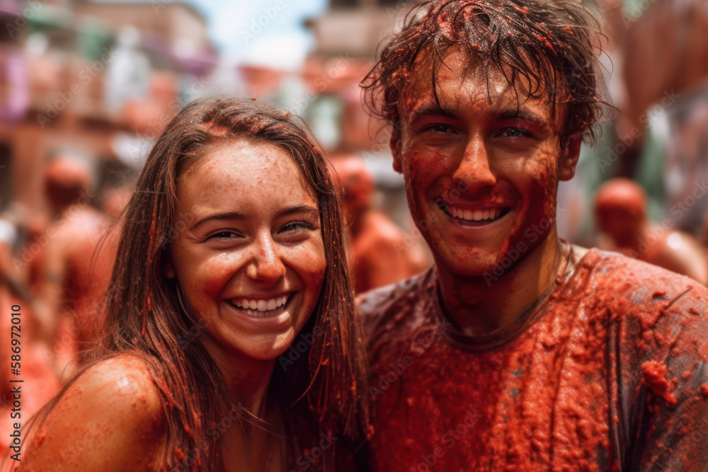 Young couple having fun at the tomato festival. Generative AI. Young couple having fun at the tomato festival. Generative AI.