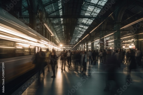 Wallpaper Mural Crowd of all kind of people walking in train station fast moving with blurry trains on the right and blurry glas front on the left at night with neon lights - Generative AI Torontodigital.ca