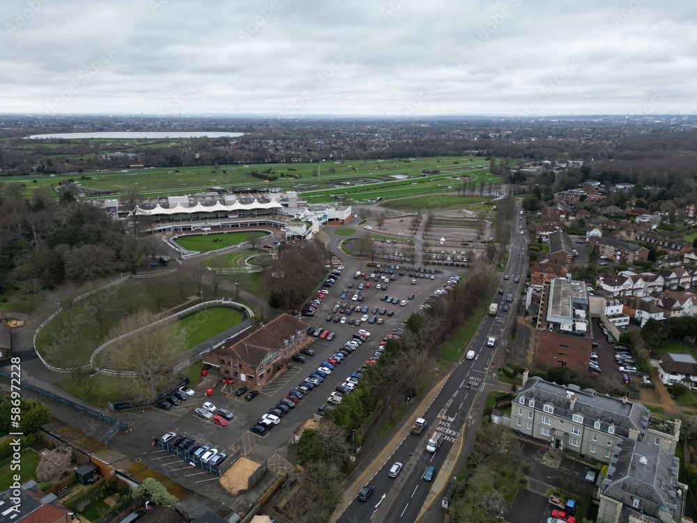 Sandown Park Racecourse Esher Surrey UK drone aerial view .Sandown Park Racecourse Esher Surrey UK in winter drone aerial view .