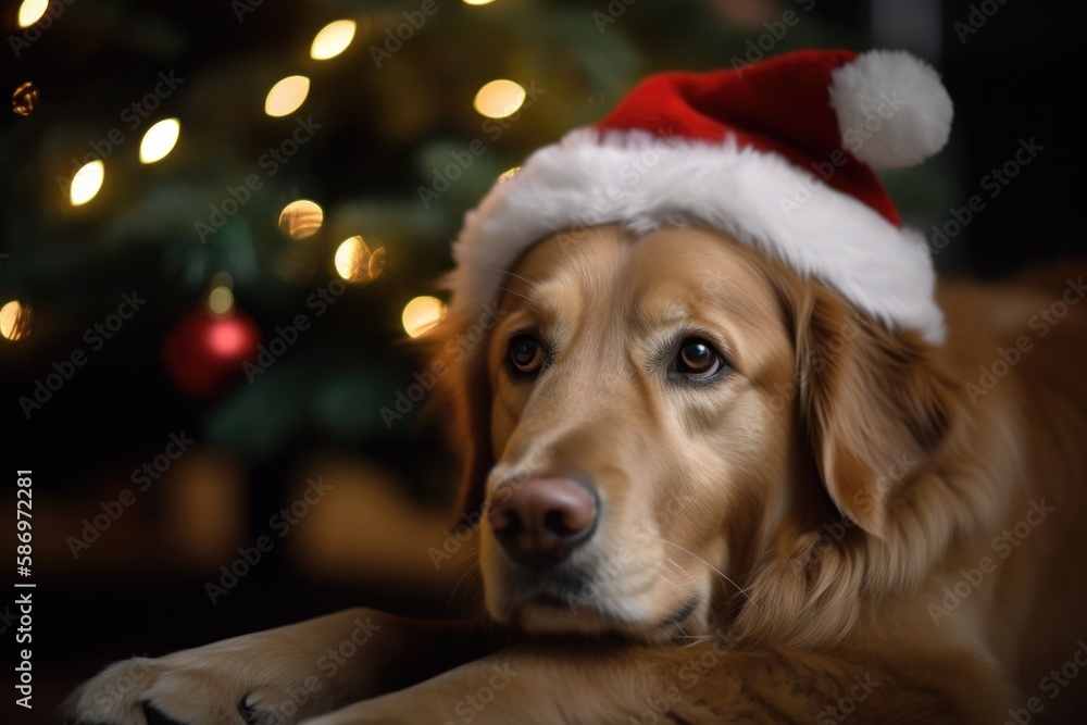Festive Dog Sitting by Christmas Tree Festive Dog Sitting by Christmas Tree