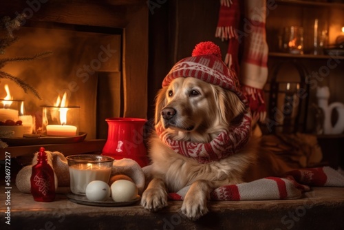 Festive Dog Sitting by Christmas Tree