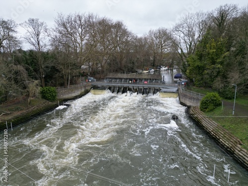 Shepperton Weir river Thames Surrey UK drone aerial view. photo