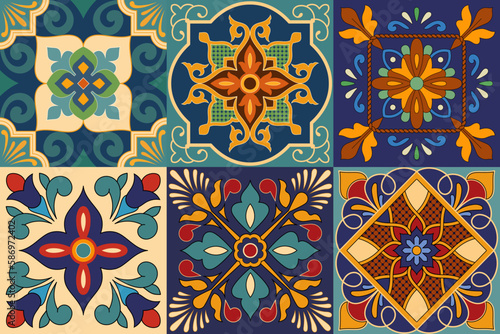 Mexican Talavera Ceramic Tiles. Spanish Maiolica. Colorful decorative stickers for tiles with floral patterns. Mexican folk art.