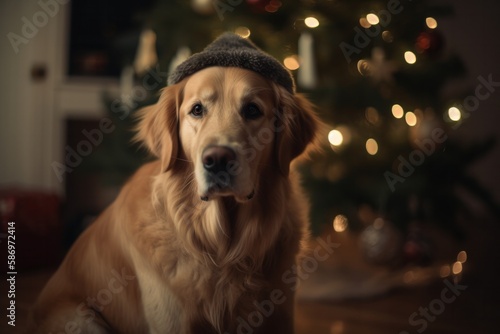 Festive Dog Sitting by Christmas Tree