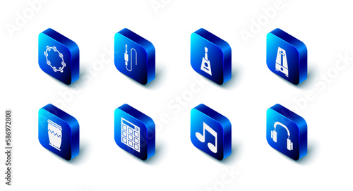 Set Audio jack, Balalaika, Metronome with pendulum, Headphones, Music note, tone, Drum machine, and Tambourine icon. Vector