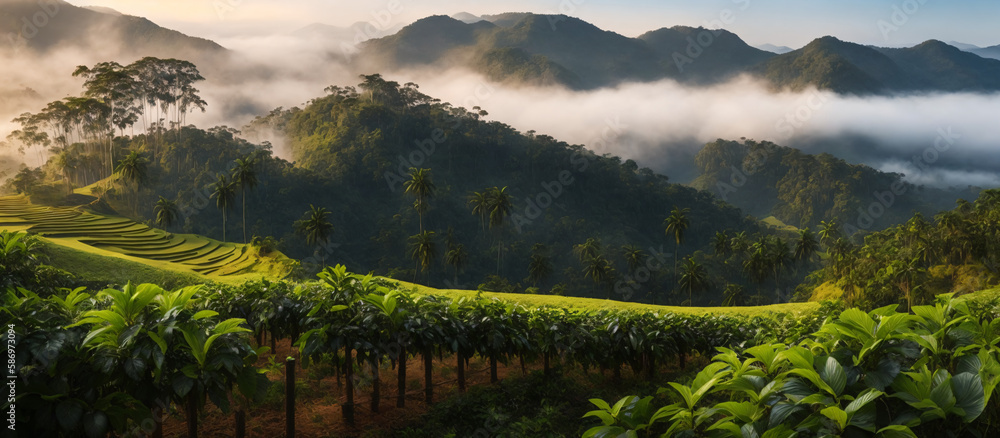 View of the coffee plantation mountains, generative AI