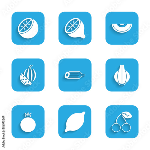 Set Fresh cucumber, Lemon, Cherry, Onion, Tomato, Watermelon, Melon fruit and Orange icon. Vector