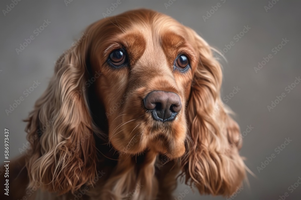 Portrait of a cocker spaniel dog against a plain background. There is room for text. Generative AI