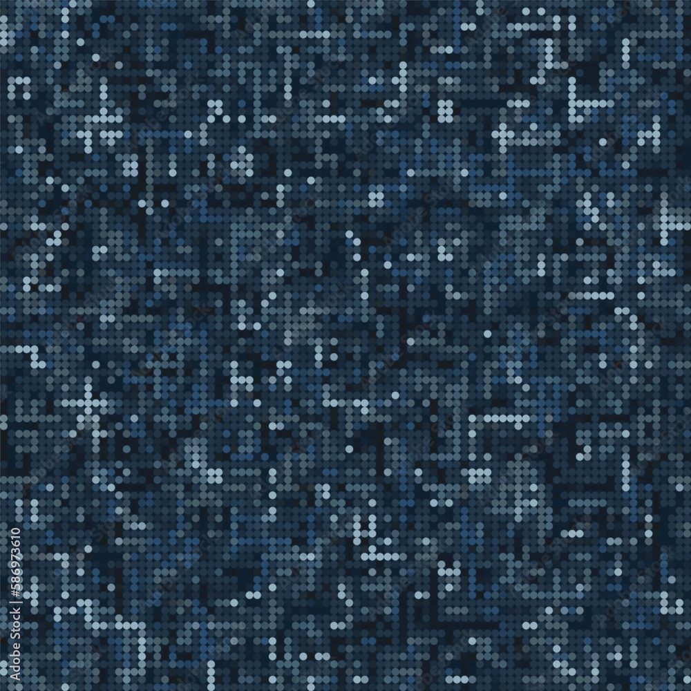 Fototapeta premium Seamless blue camouflage pattern with with PIXEL retro effect. Small mixed particles. Dense abstract background. Army or hunting masking texture for apparel, fabric, textile, sport goods.
