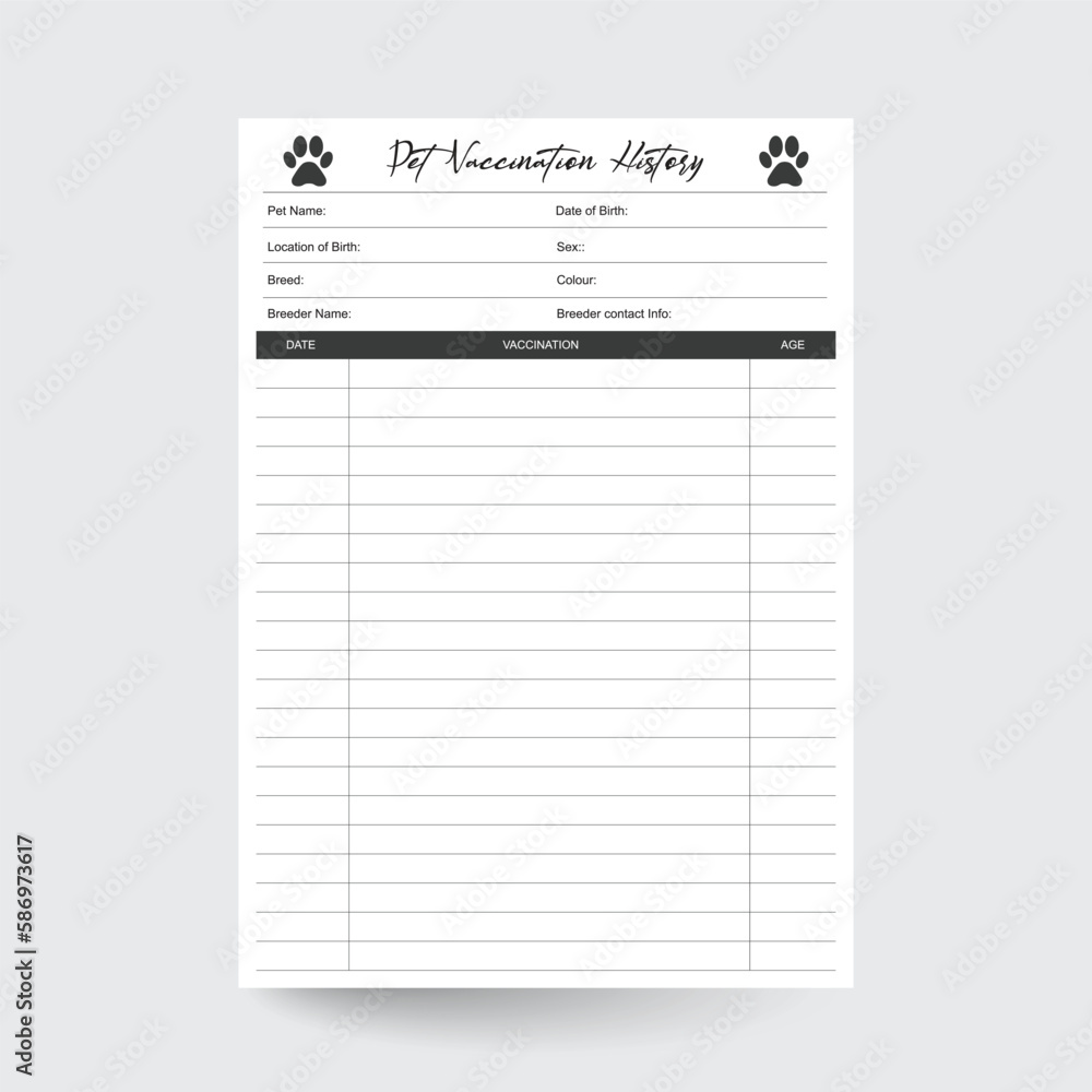 Vetor de Pet Vaccination History Printable Form,Vaccine Log,Pet Report Vetor de Pet Vaccination History Printable Form,Vaccine Log,Pet Report