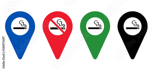 Permitting, location pointer. Smoking allowed prohibition sign. Cartoon no smoking icon or pictogram. Smoke signage or smoking here. Stop, smoke area or zone. Pin, navigation route.