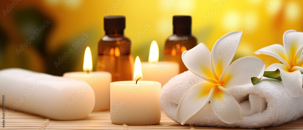 spa composition on massage with Soft White Towels, Essential Oils, stones, flowers, Candles, and Relaxation ,digital ai art	
