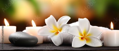 spa composition on massage with Soft White Towels  Essential Oils  stones  flowers  Candles  and Relaxation  digital ai art  