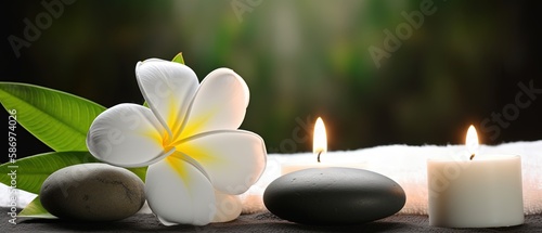 spa composition on massage with Soft White Towels, Essential Oils, stones, flowers, Candles, and Relaxation ,digital ai art 