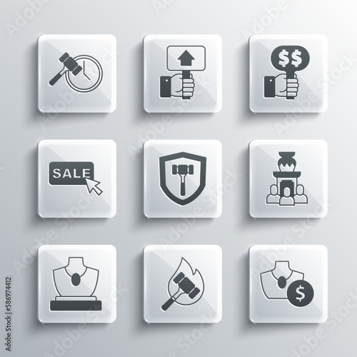 Set Auction hammer, jewelry sale, ancient vase, Price tag with Sale, and Hand holding auction paddle icon. Vector