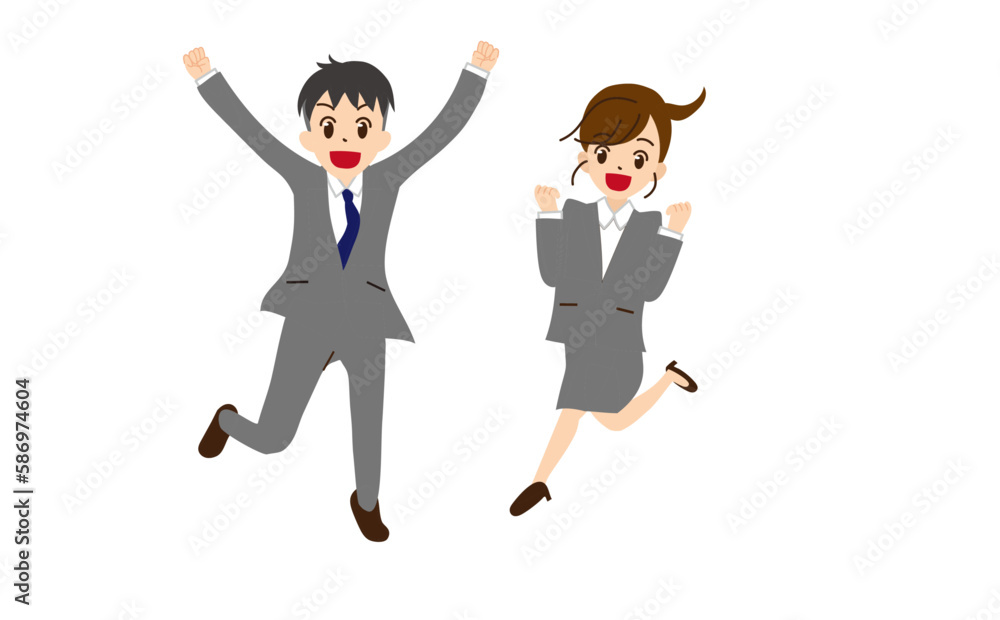 ジャンプするスーツの男女　ガッツポーズ　主線なし7