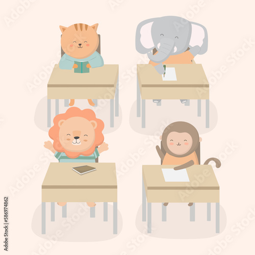 Welcome Back to school with funny school characters flat vector illustration.