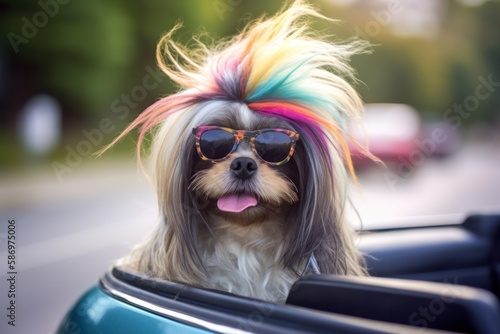 Dog on Road Trip: Wig and Sunglasses in Convertible Car