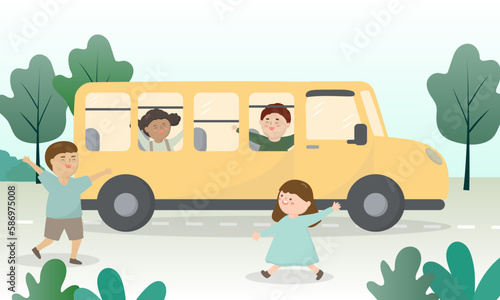happy students kids in the school bus. Welcome back to the semester.