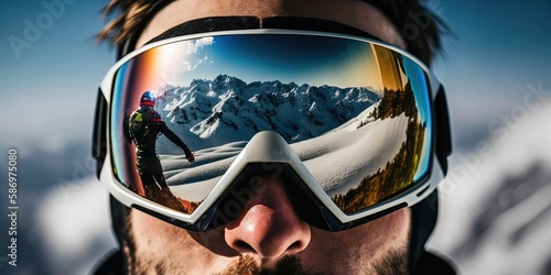 Close up of the ski goggles of a man with the reflection of snowed mountains. A mountain range reflected in the ski mask. Portrait of man at the ski resort on the background by ai generative photo