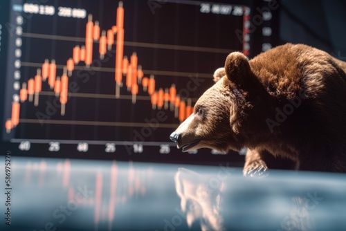 Bear and stock charts for a bitcoin coin. BTC's market crashed negatively. Generative AI