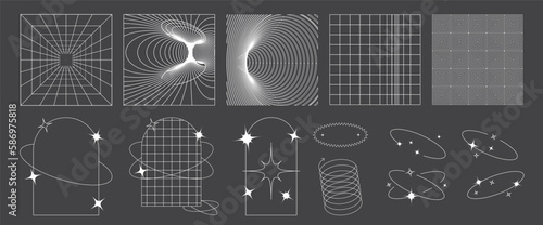Y2k object pack. Retro futuristic set. Modern object, surreal geometric shapes, wireframe and perspective grids. Abstract vector illustration in trendy psychedelic techno style. Vector illustration