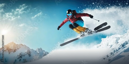 Skis Snowboarding. blue sky background  Extreme pose  extreme winter sport. copy space  by ai generative