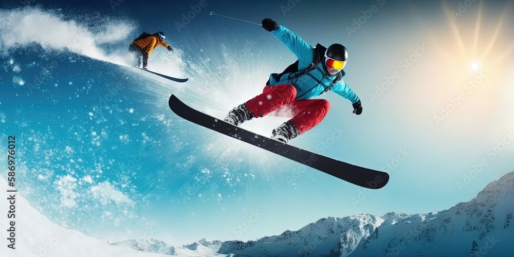 Skis Snowboarding. blue sky background, Extreme pose, extreme winter sport. copy space, by ai generative Skis Snowboarding. blue sky background, Extreme pose, extreme winter sport. copy space, by ai generative