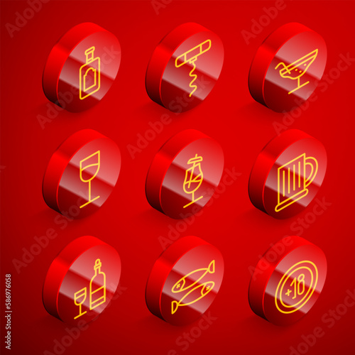 Set line Whiskey bottle, Wine corkscrew, Cocktail, glass, Wooden beer mug, with and Dried fish icon. Vector