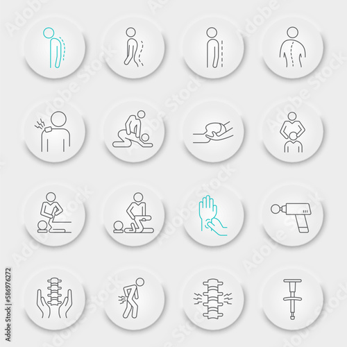 Chiropractor line icon set  chiropractic collection  vector graphics  neumorphic UI UX buttons  physical therapy vector icons  chiropractor signs  outline pictograms  editable stroke