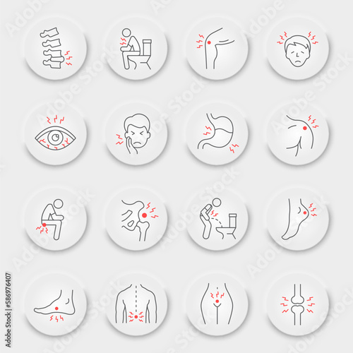 Body pain line icon set, body ache collection, vector graphics, neumorphic UI UX buttons, body pain vector icons, illness signs, outline pictograms, editable stroke